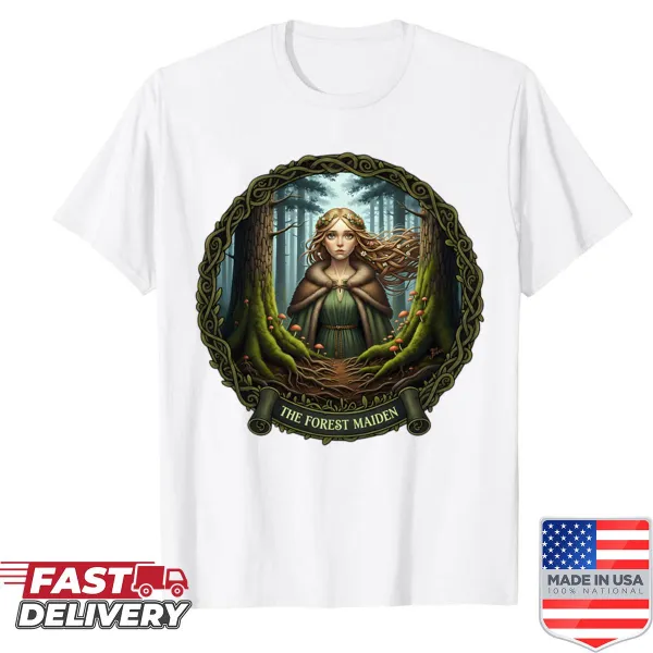 Illustrated shirt featuring a forest maiden in a fairy tale style