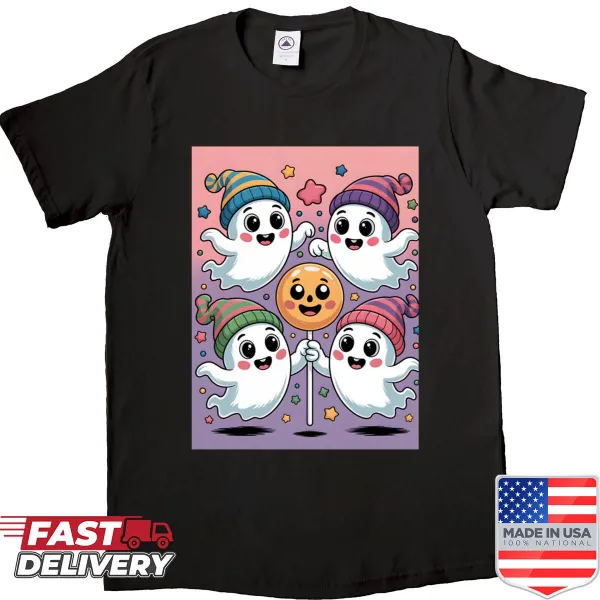 Kawaii Halloween shirt with four cute ghosts design