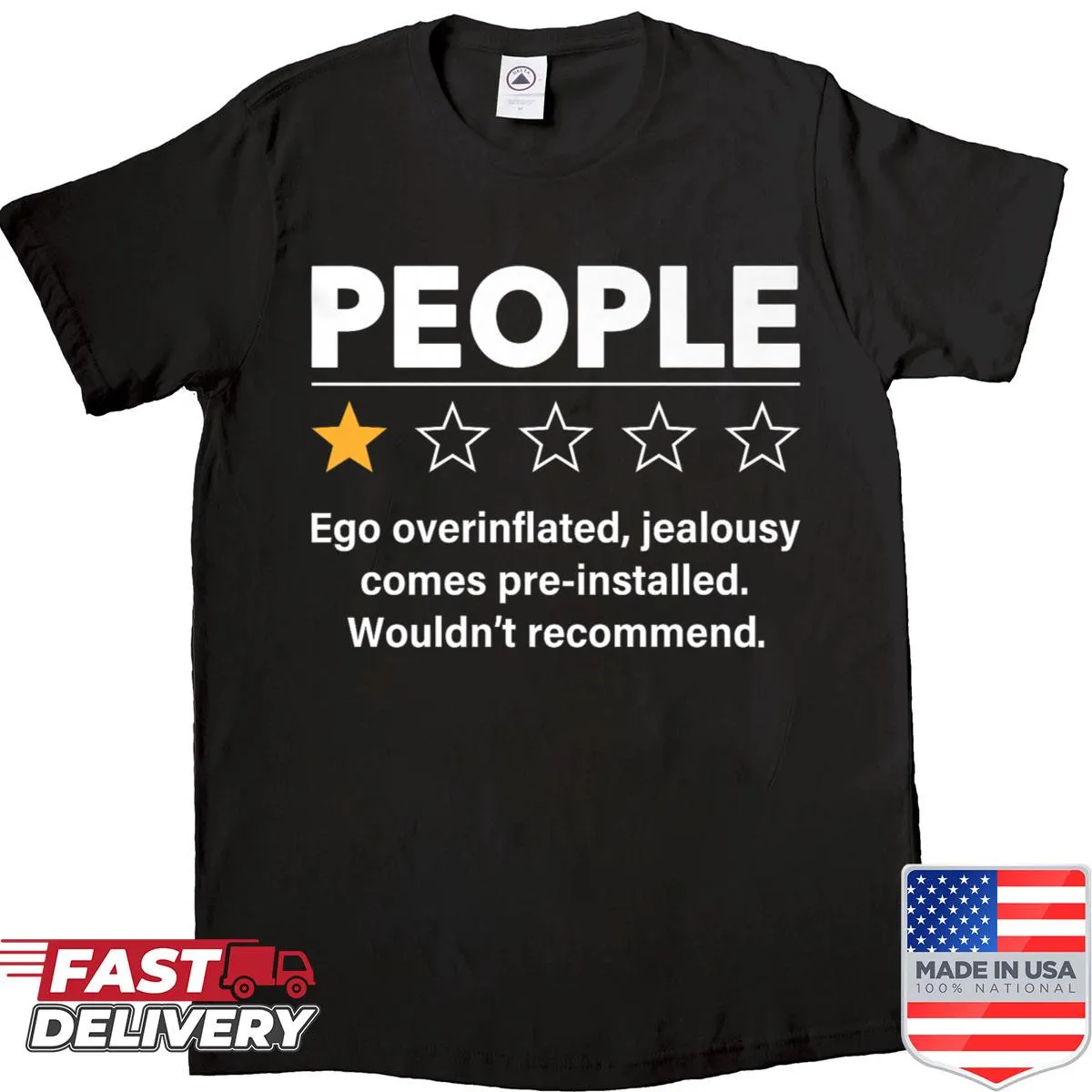 Anti-social humor t-shirt with one-star rating graphic
