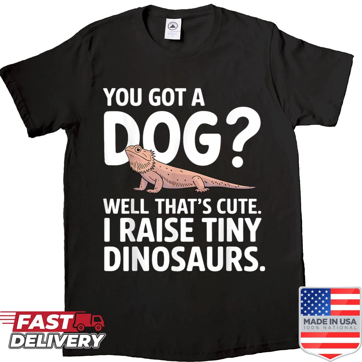 Cartoon bearded dragon graphic on a shirt