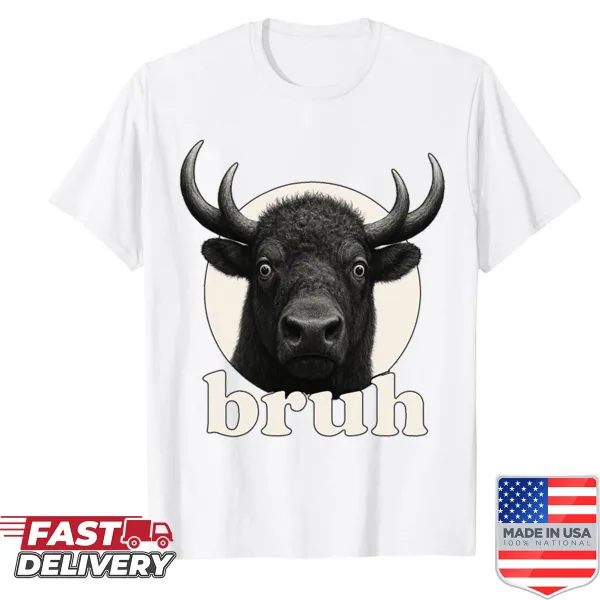 Cartoon bison with a humorous expression on a kids shirt