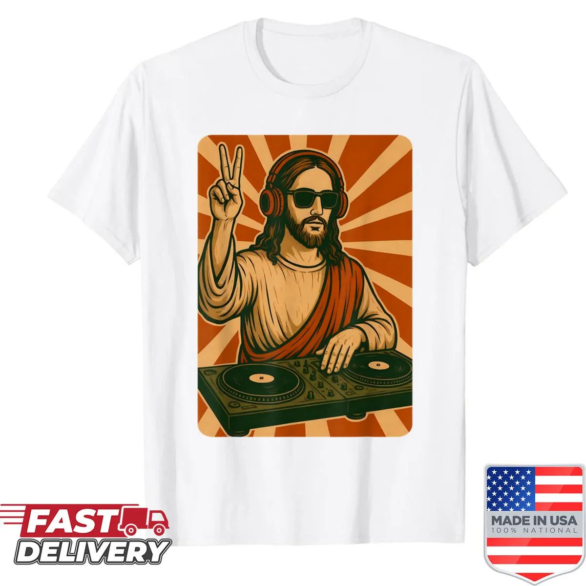 Vintage-style DJ graphic shirt with humorous design