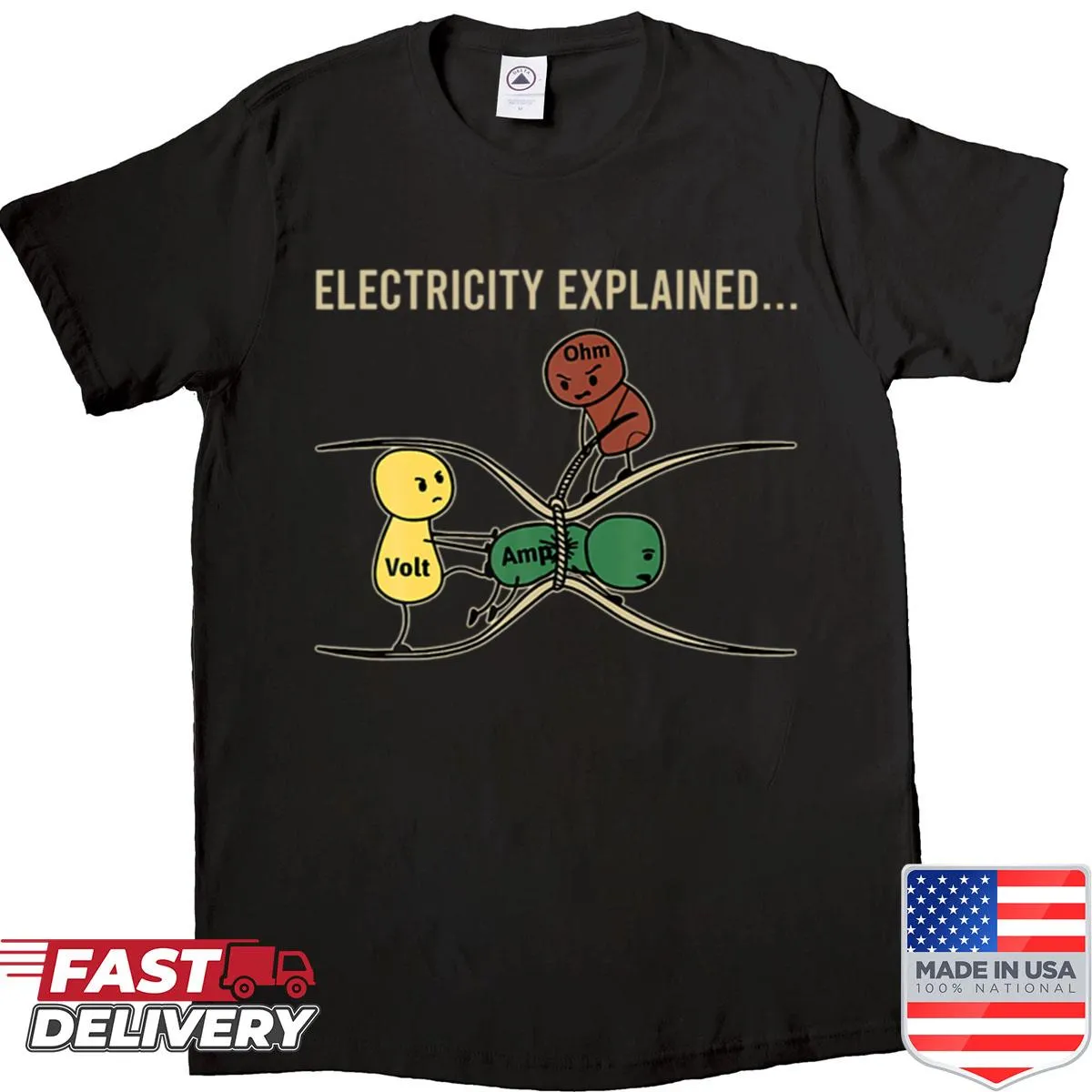 Humorous electricity explanation graphic shirt