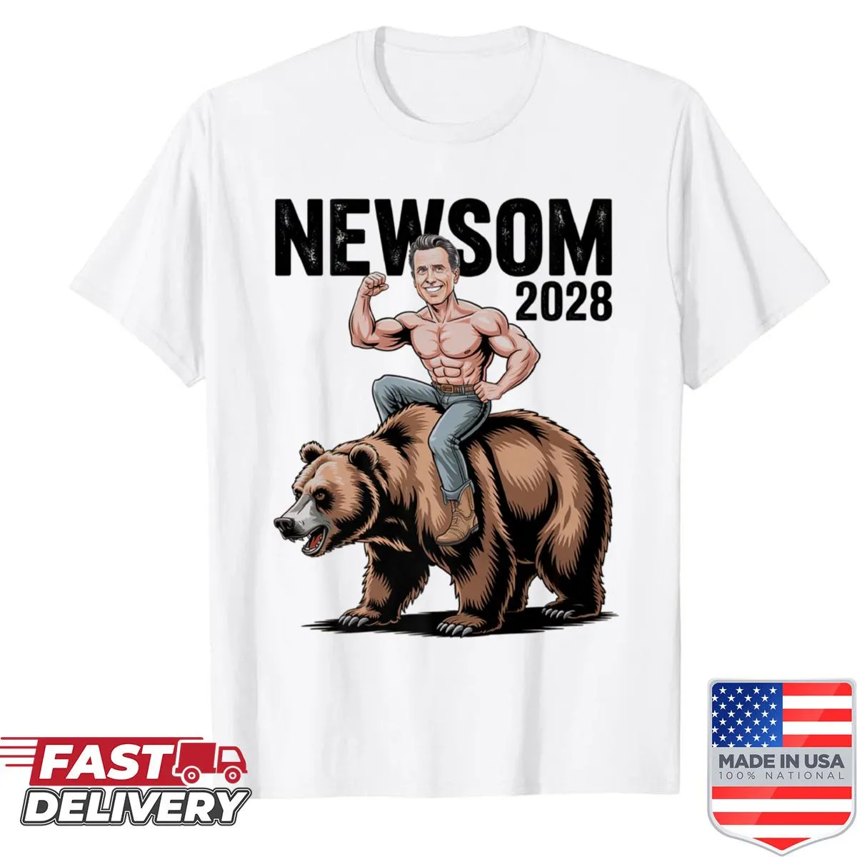 Satirical T-shirt featuring Gavin Newsom riding a grizzly bear