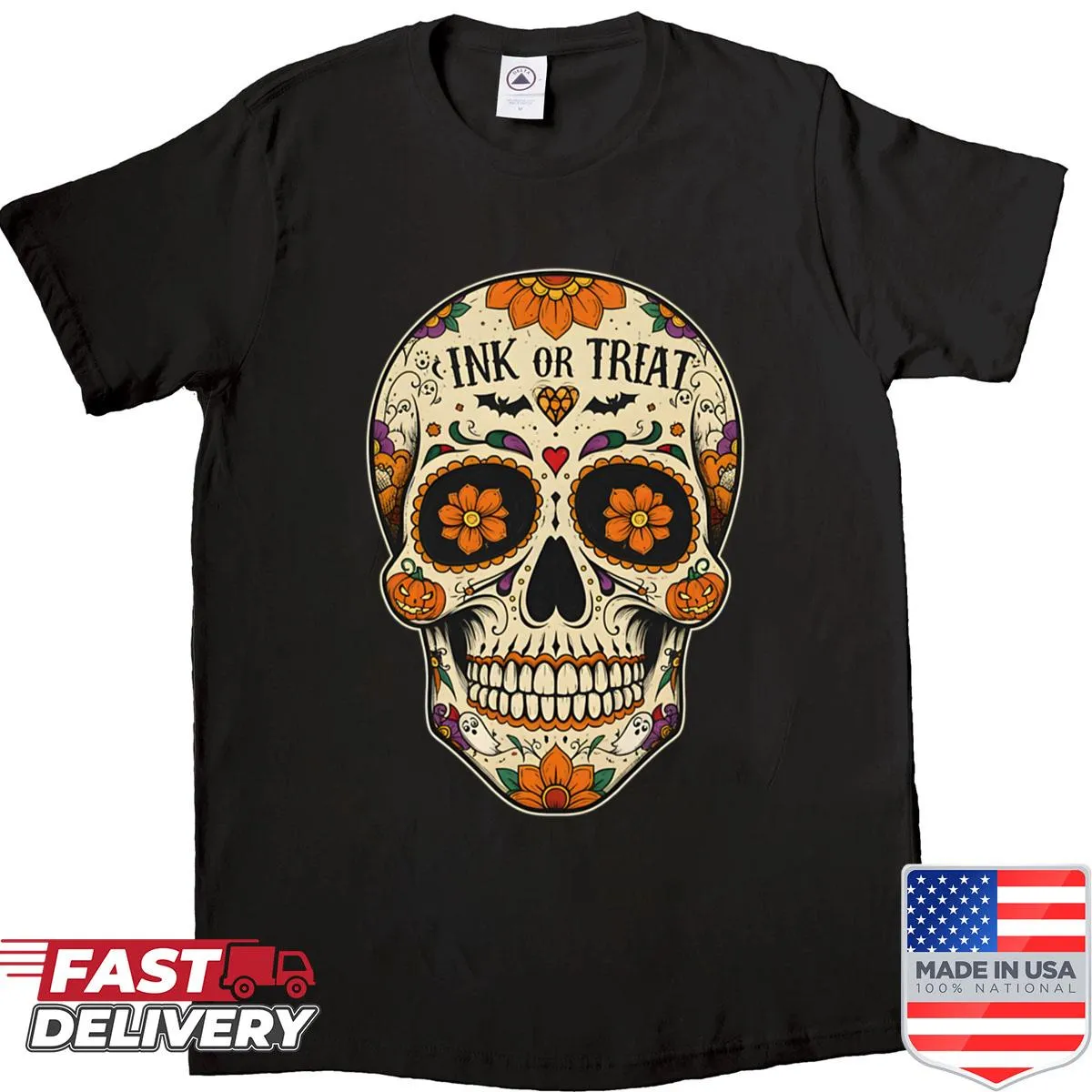 Funny Halloween shirt with tattoo-style skull design