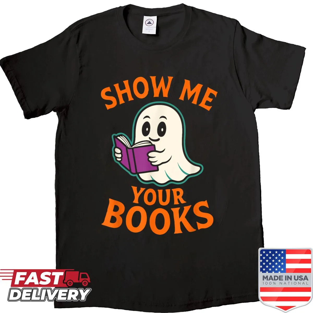 Funny ghost graphic urging to show books on Halloween shirt