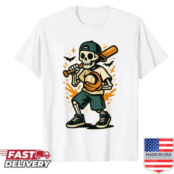 Skeleton in baseball costume graphic T-shirt