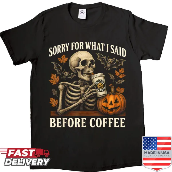 Funny Halloween shirt featuring a skeleton drinking coffee and pumpkins