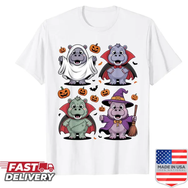 Cartoon design of a funny hippo ghost witch zombie on a shirt