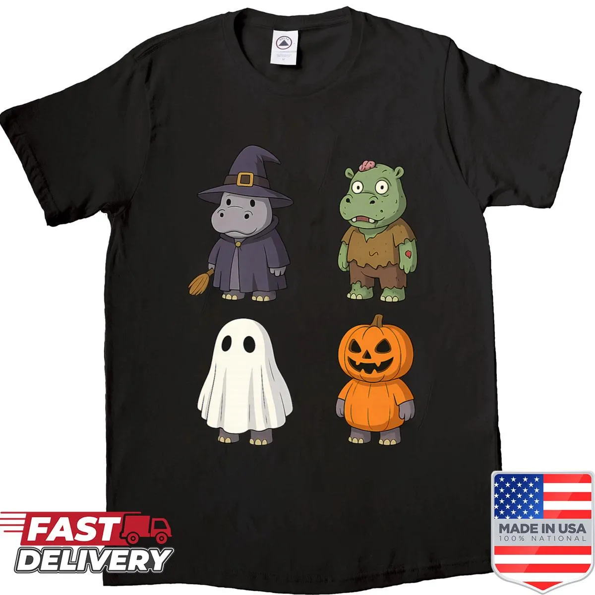 Funny Halloween t-shirt with hippo ghost and pumpkin design