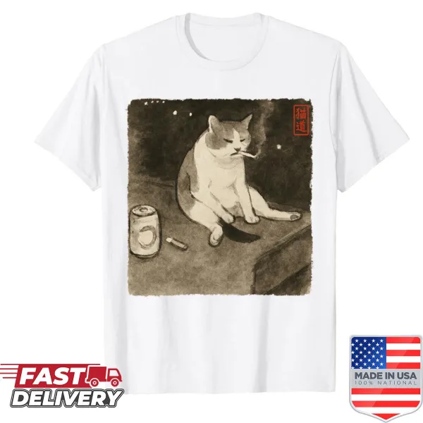 Sumi-e style shirt featuring a funny sad cat