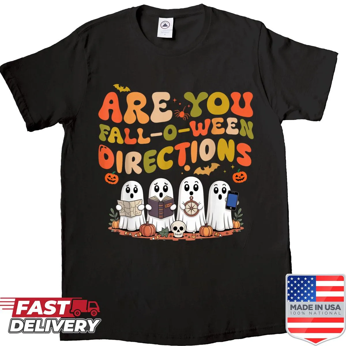 Ghost graphic shirt with 'Are You Fall-o-ween Directions?' text