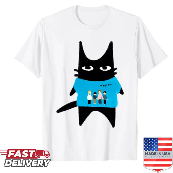 Cartoon black cat wearing a Weezer shirt in a playful design