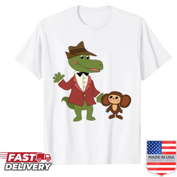 Typographic design featuring Gena and Cheburashka characters on a shirt