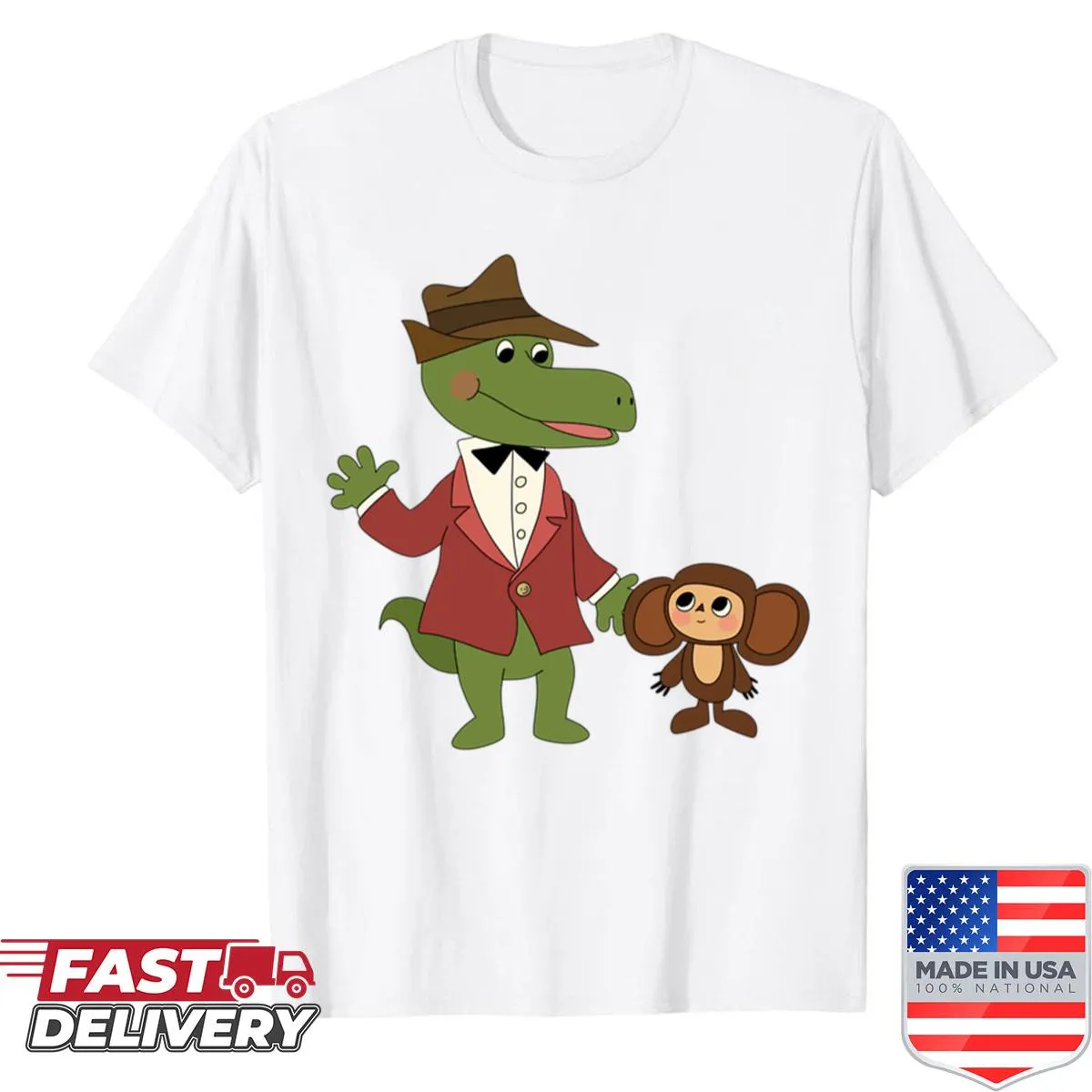 Typographic design featuring Gena and Cheburashka characters on a shirt