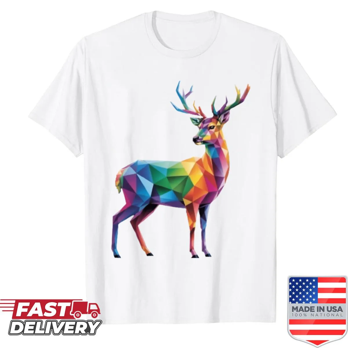 Geometric deer illustration with rainbow light design