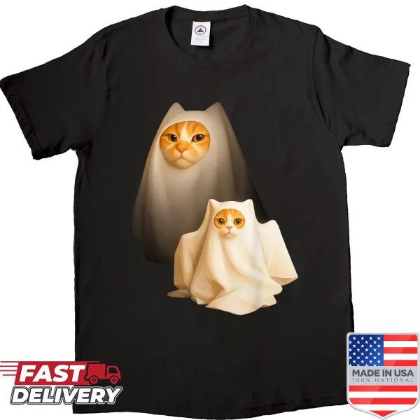 Funny ghost cat meme graphic on Halloween shirt