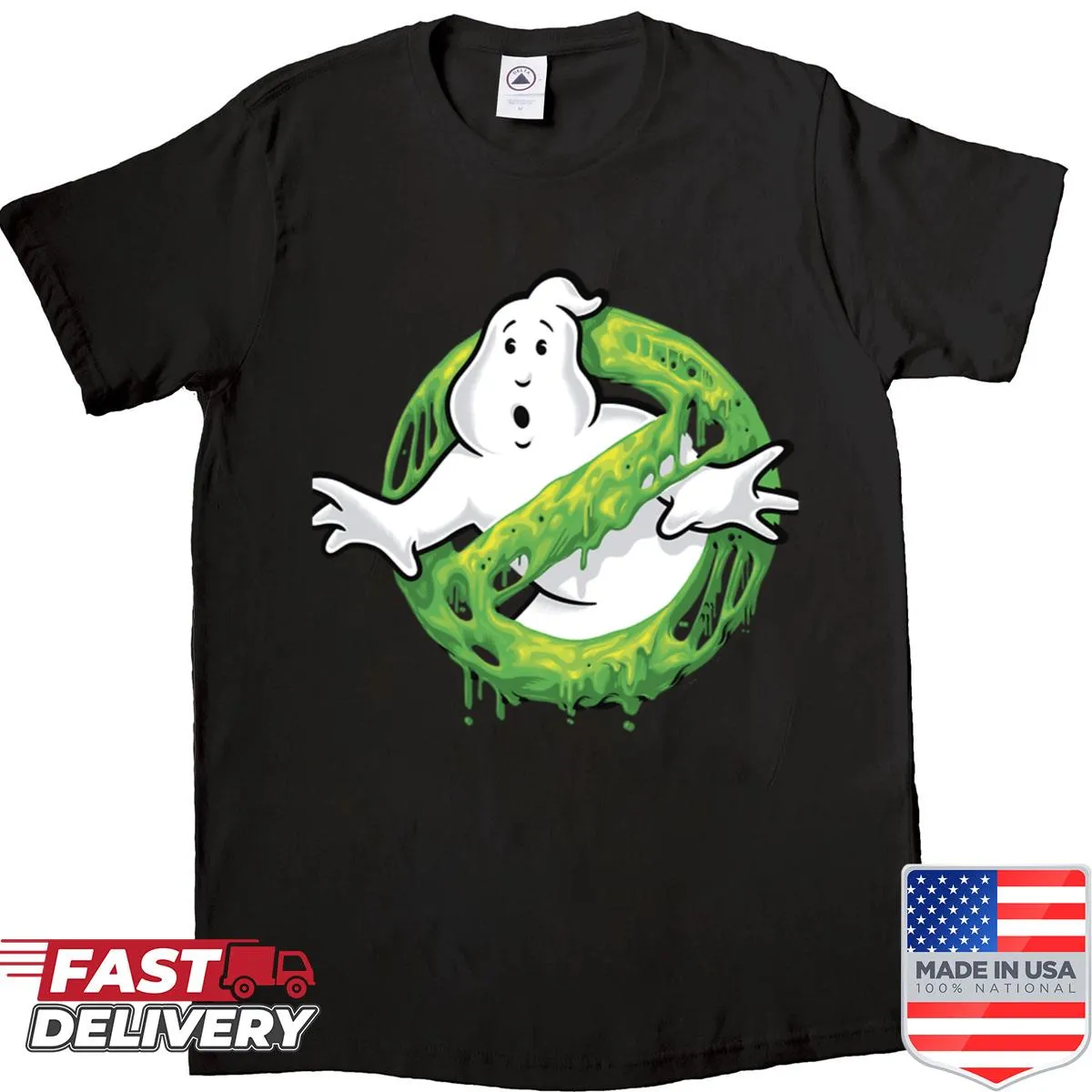 Cartoon slime ghost logo shirt for ghost hunters and enthusiasts.