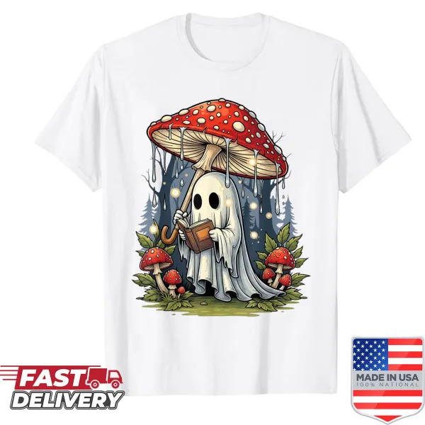 Ghost reading a book surrounded by mushrooms in a spooky design.