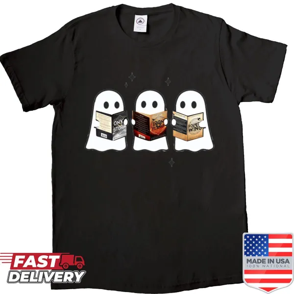 Illustration of ghostly figures reading on a whimsical book-themed t-shirt