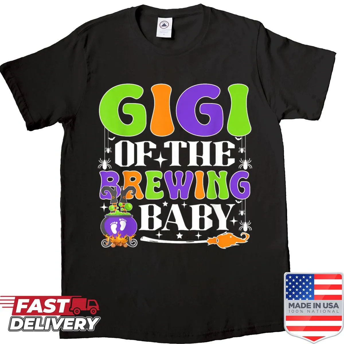 Cute Halloween-themed baby shower shirt with witch graphics