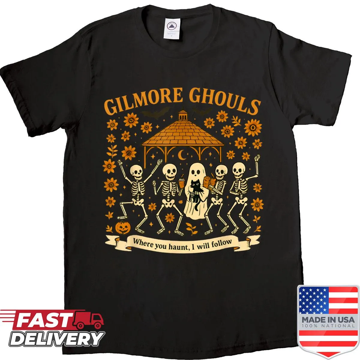 Ghostly imagery with 'Where You Haunt I Will Follow' text on T-shirt