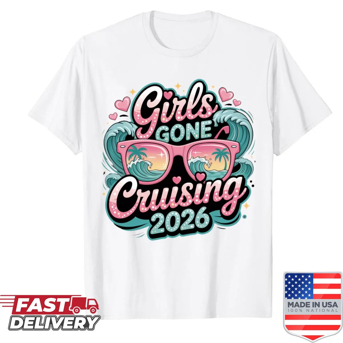 Illustration of sunglasses and cruise theme on a vacation t-shirt