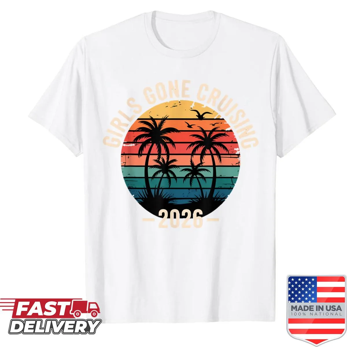 Cruise-themed t-shirt with palm trees and playful graphics