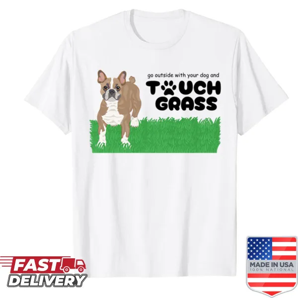 Beige and white French Bulldog shirt promoting outdoor fun