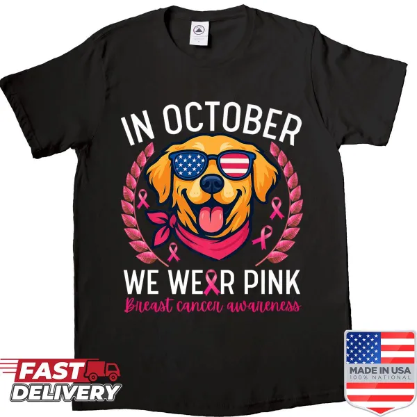 Patriotic shirt featuring a golden retriever and breast cancer awareness design