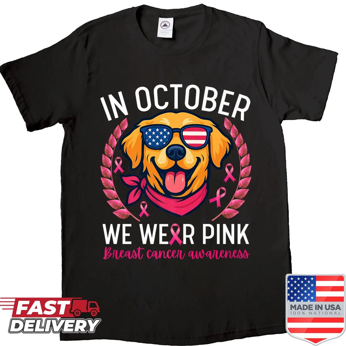 Patriotic shirt featuring a golden retriever and breast cancer awareness design