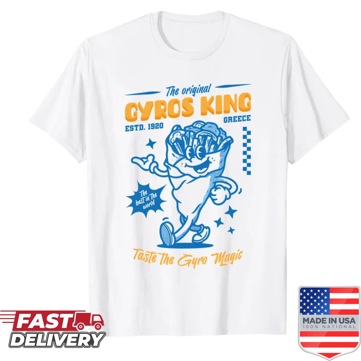 Retro mascot design shirt celebrating Greek gyros.