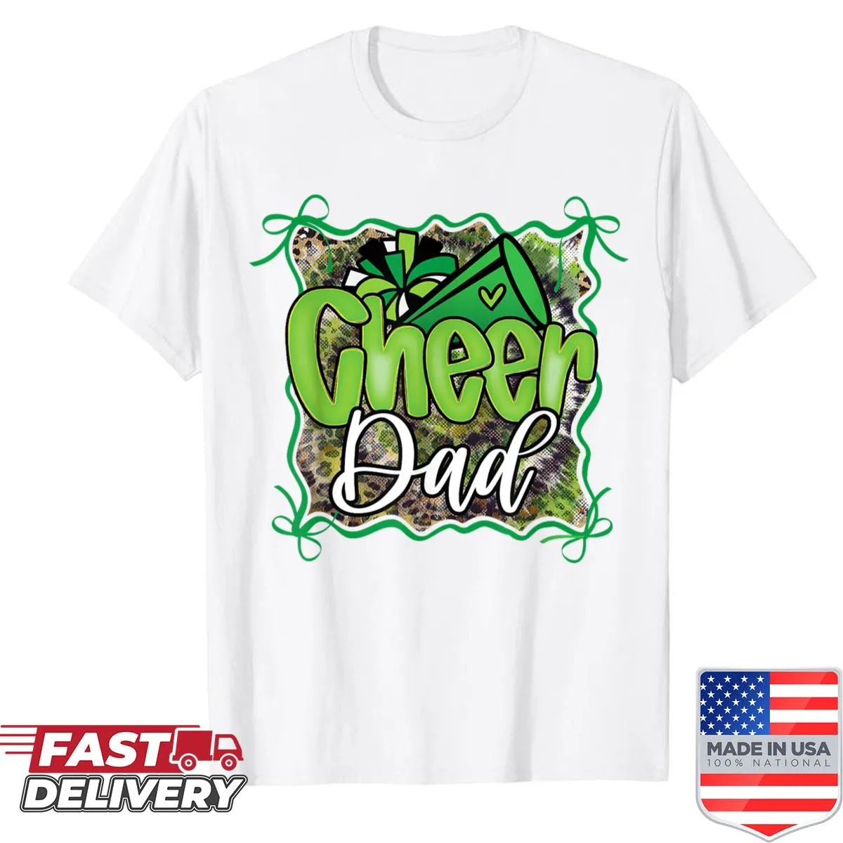 Cheer Dad t-shirt with cheerleading megaphone and pom poms