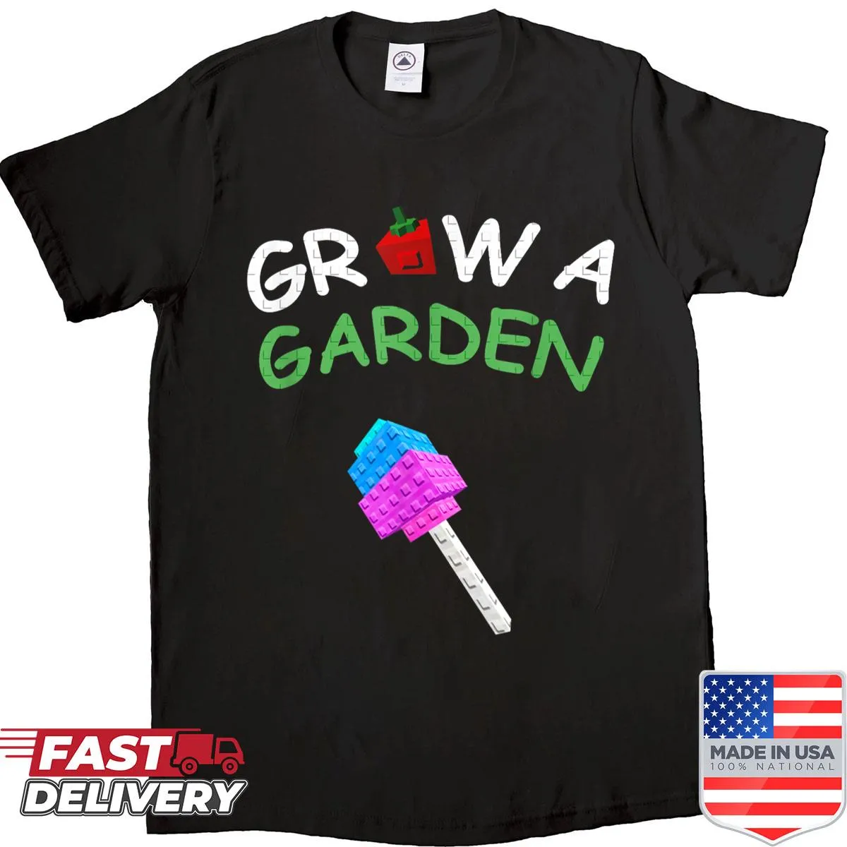 Whimsical gardening shirt with magical candy blossoms illustration