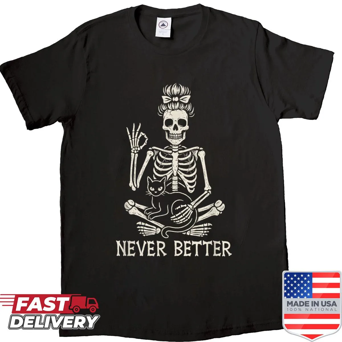 Cute Halloween t-shirt featuring a skeleton cat with a messy bun