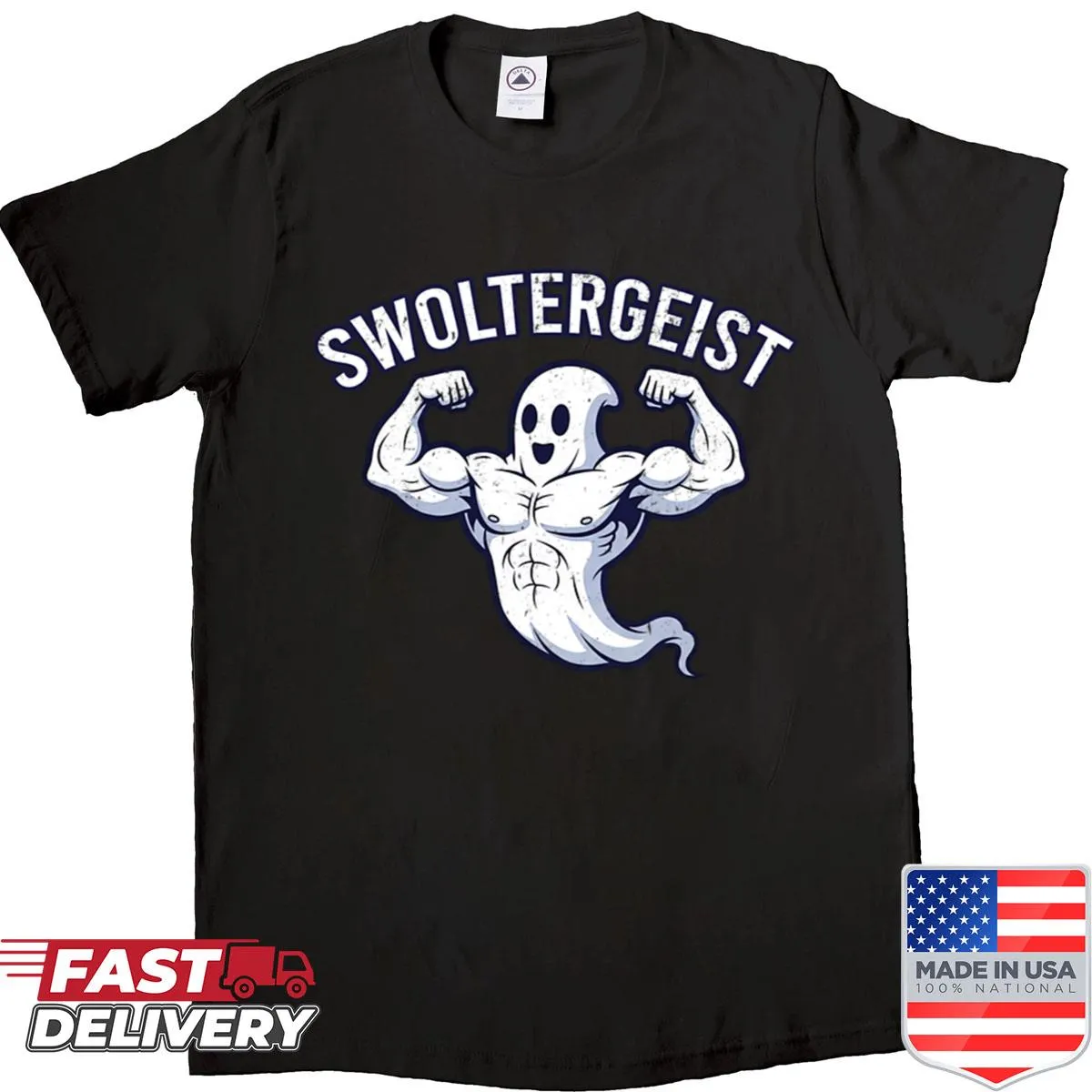 Funny Halloween shirt featuring a bodybuilding ghost lifting weights.