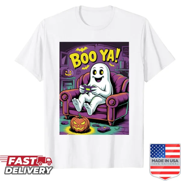 Halloween shirt featuring a cartoon ghost and the phrase Boo Ya