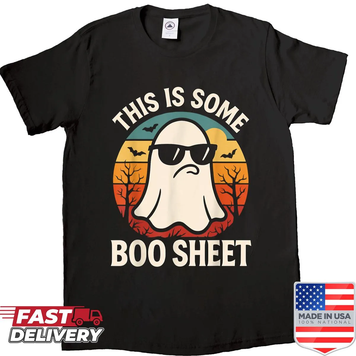 Retro ghost in a sheet graphic saying Boo on T-shirt