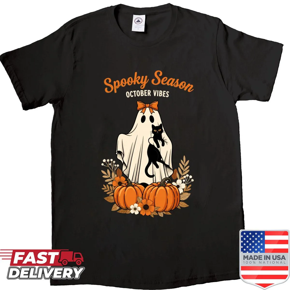 Ghost cat illustration for Halloween on a cute shirt