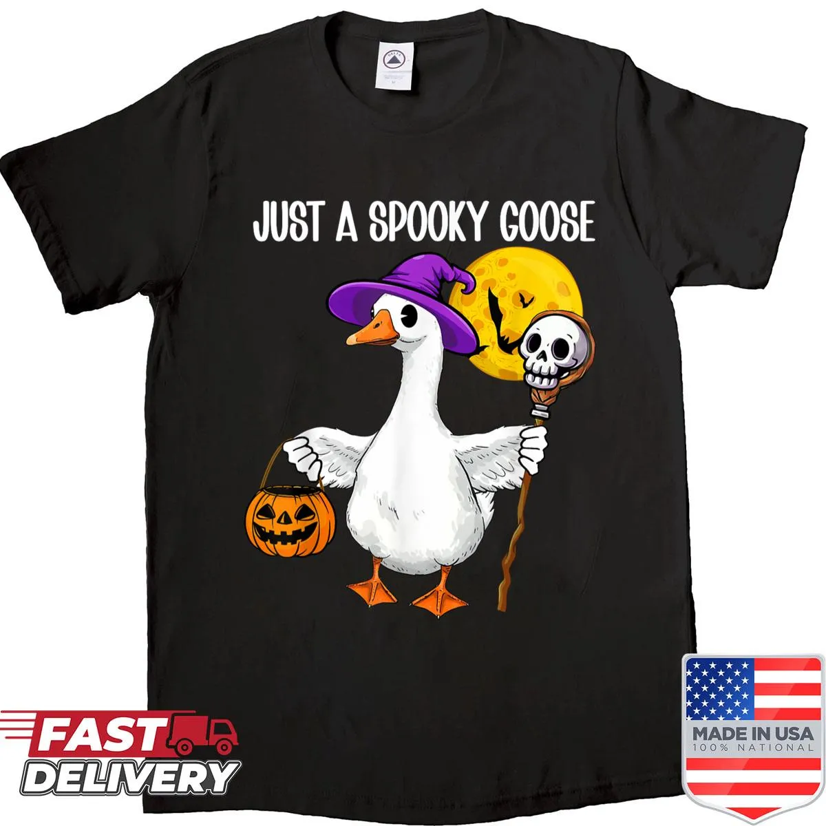 Whimsical Halloween goose, pumpkin, skull, and bat design on T-shirt