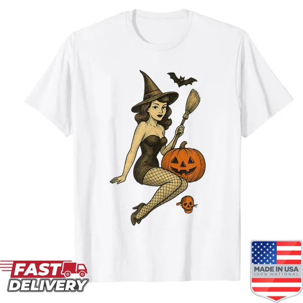 Vintage pinup witch graphic on a distressed Halloween shirt
