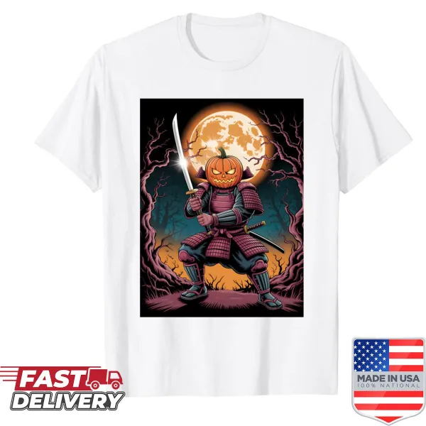Shirt featuring a pumpkin samurai in a forest illustration