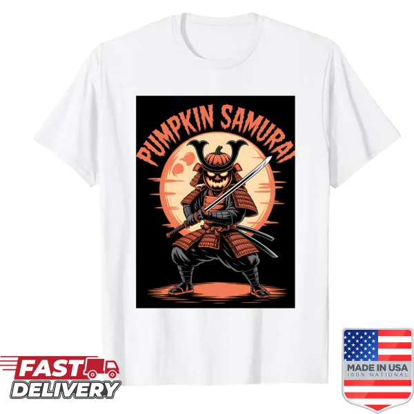 Samurai with pumpkin elements illustrated on a Halloween T-shirt