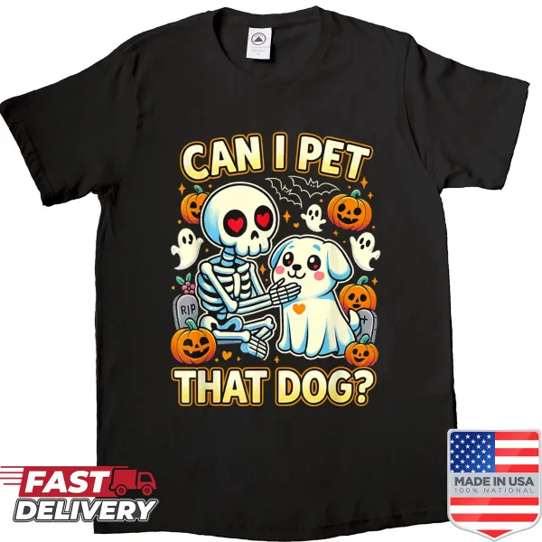 Halloween-themed t-shirt with a skeleton graphic asking if you can pet the dog