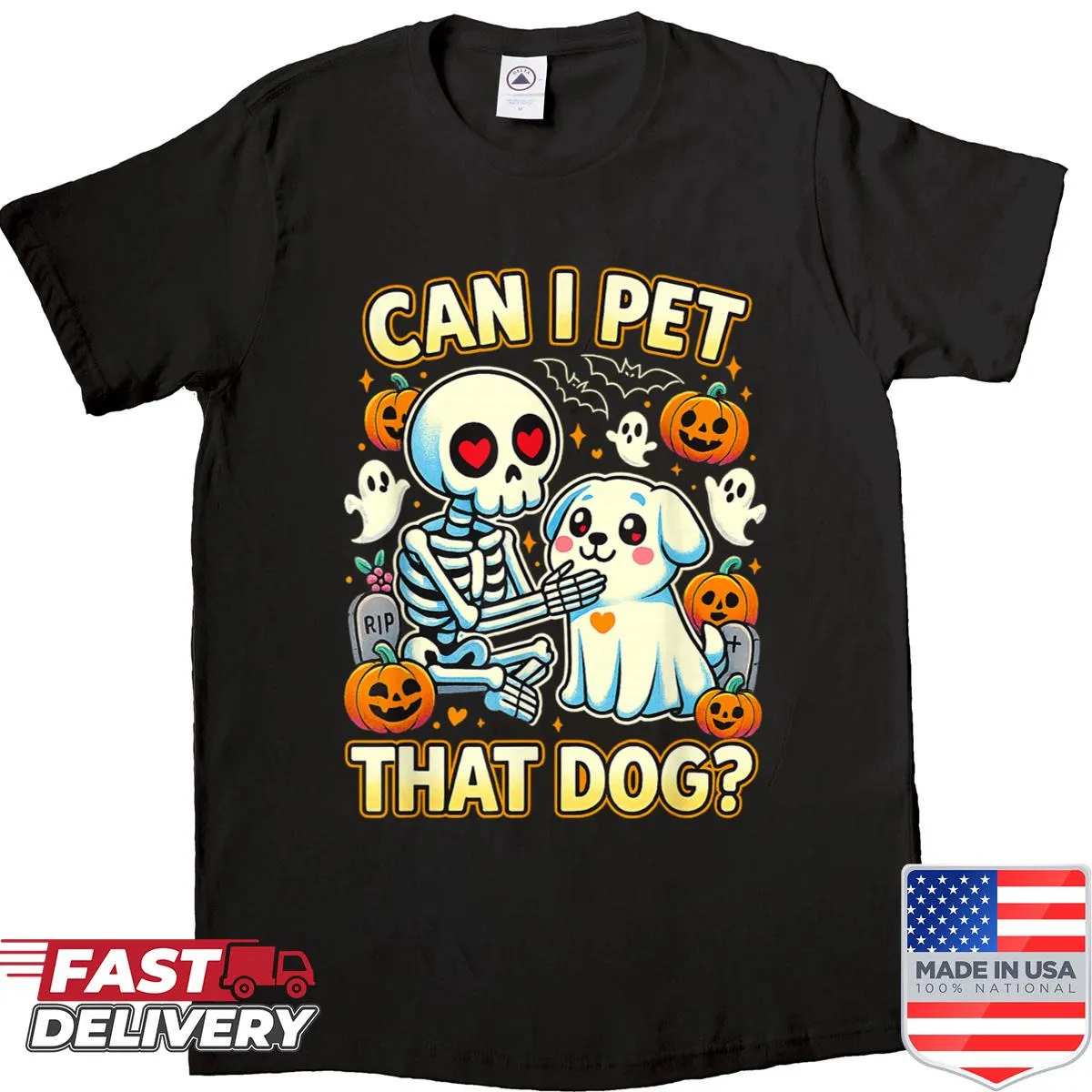 Halloween-themed t-shirt with a skeleton graphic asking if you can pet the dog
