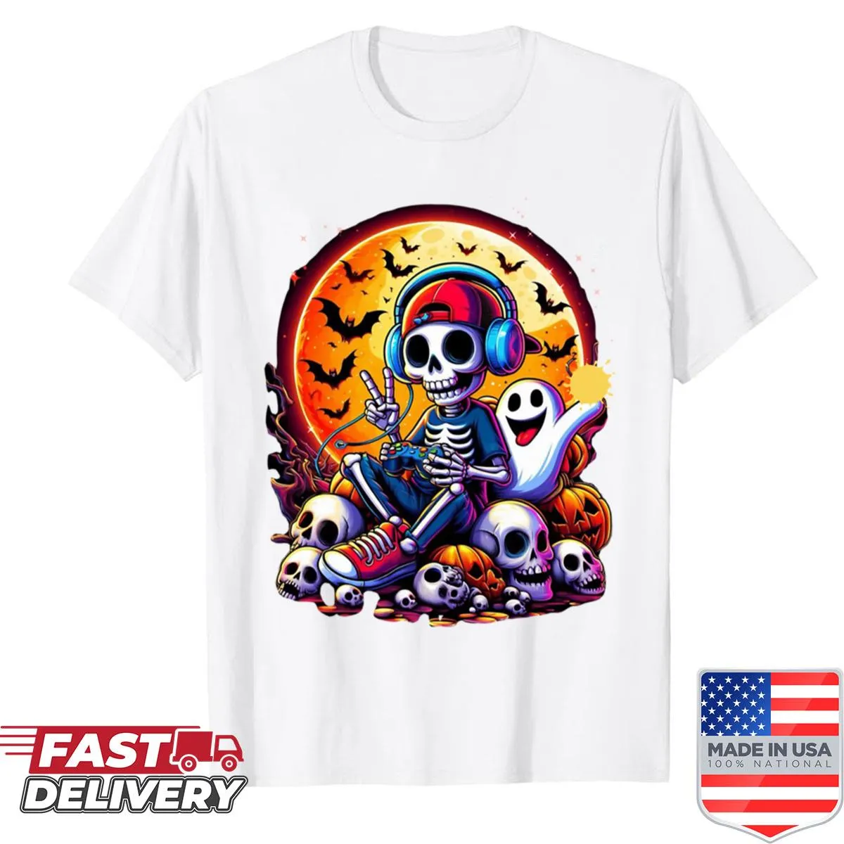 Skeleton gamer shirt with 'Bruh' text and cartoon design