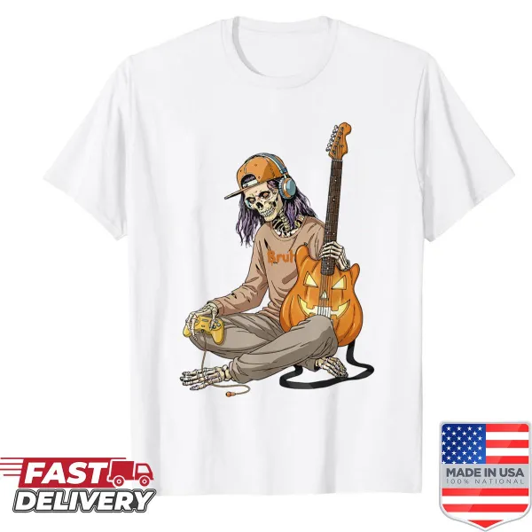 Cartoon skeleton gamer graphic on a Halloween shirt for kids
