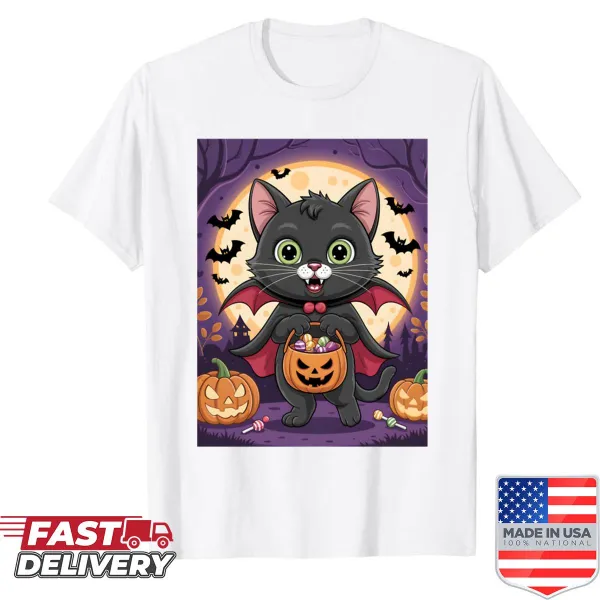 Cute vampire cat with candy basket graphic on Halloween shirt