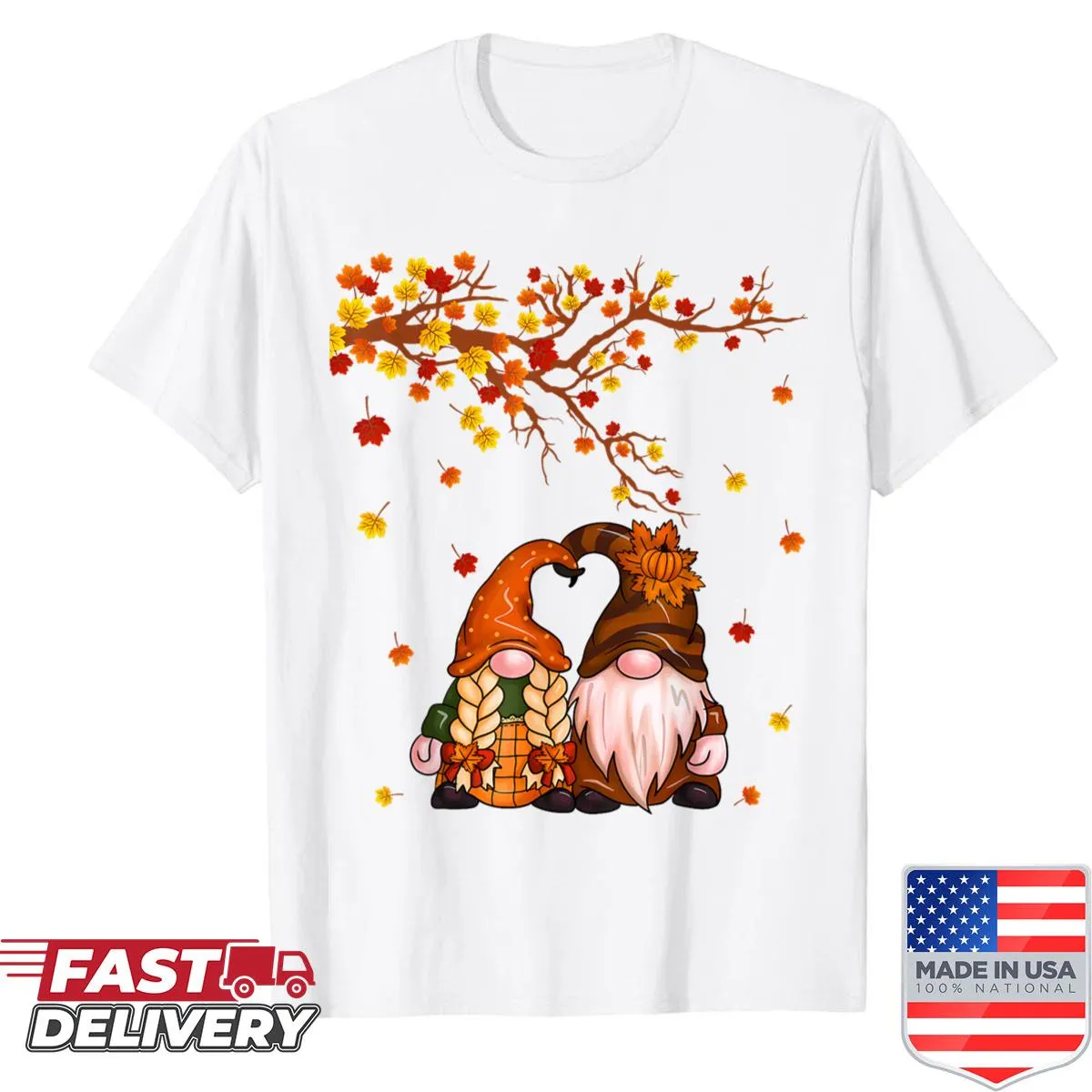 Shirt with a cheerful gnome, pumpkins, and autumn leaves design.