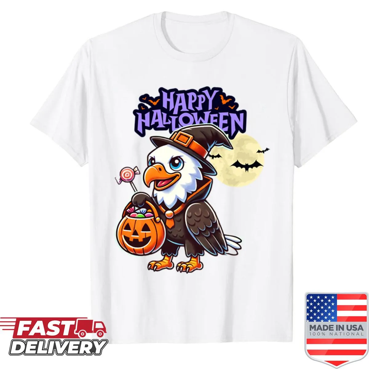 Cute bald eagle in costume for Halloween on a festive shirt